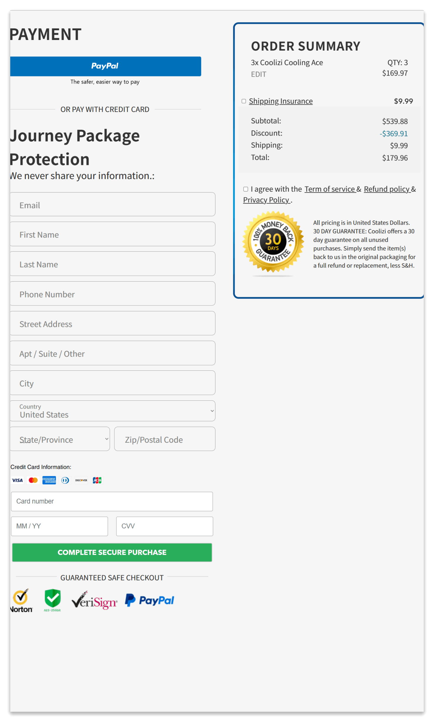 Coolizi secure checkout page